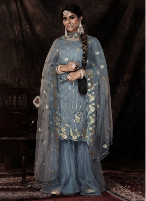 Grey Soft Net Embroidered Dress Material