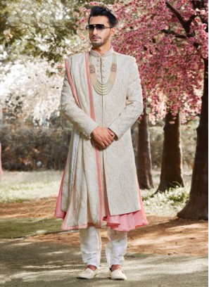 Groom Wear Silk Fabric Sherwani In White Color