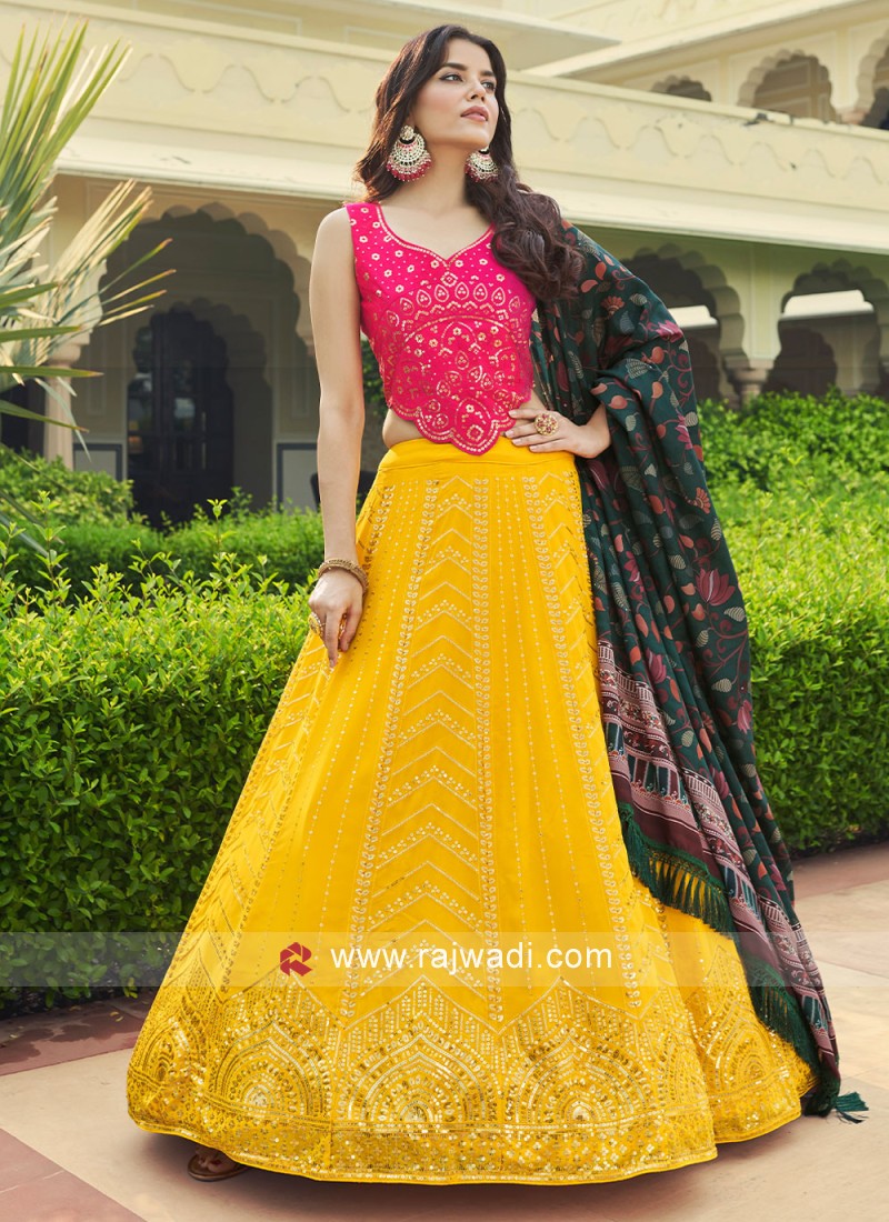 Yellow Georgette Sequins Lehenga with Pink Choli