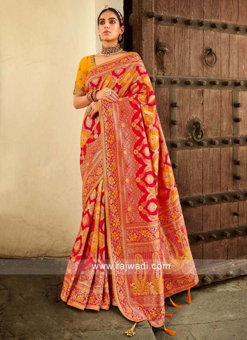 Heavenly Silk Pink and Yellow Embroidered Traditional Designer Saree