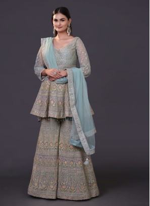 Heavy Embroidery Sharara Suit In Light Green