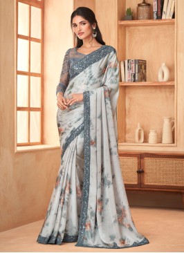 Grey Sequins Embroidered Georgette Satin Contemporary Saree