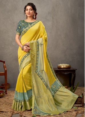 Imposing Embroidered Tussar Silk Yellow Designer Saree