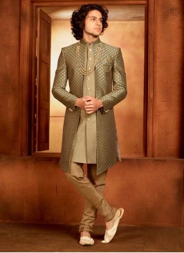 Jacket Style Indowestern In Mehndi Green Color