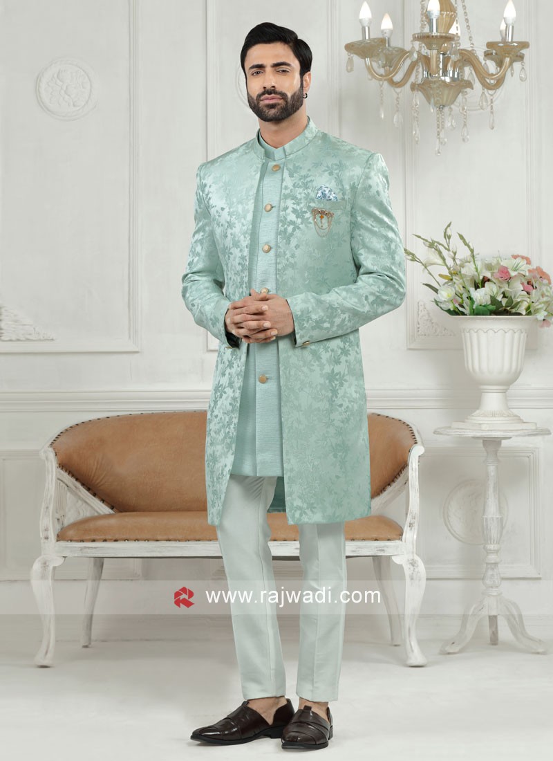 Jacket Style Indowestern In Mint Green Color