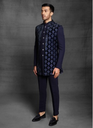 Jacket Style Indowestern In Navy Blue Color
