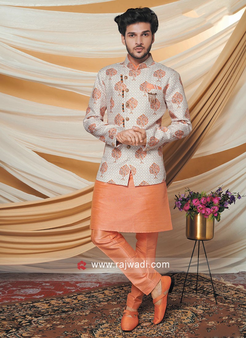 Jacket Style Indowestern In Orange And Cream Color