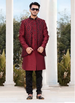 Maroon Silk Indowestern With Designer Jacket