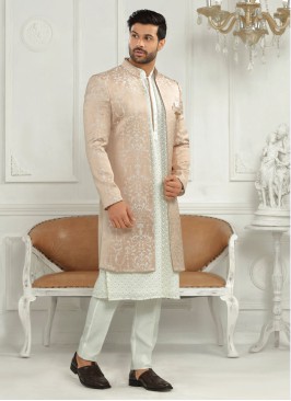 Jacket Style Peach Color Indowestern For Men
