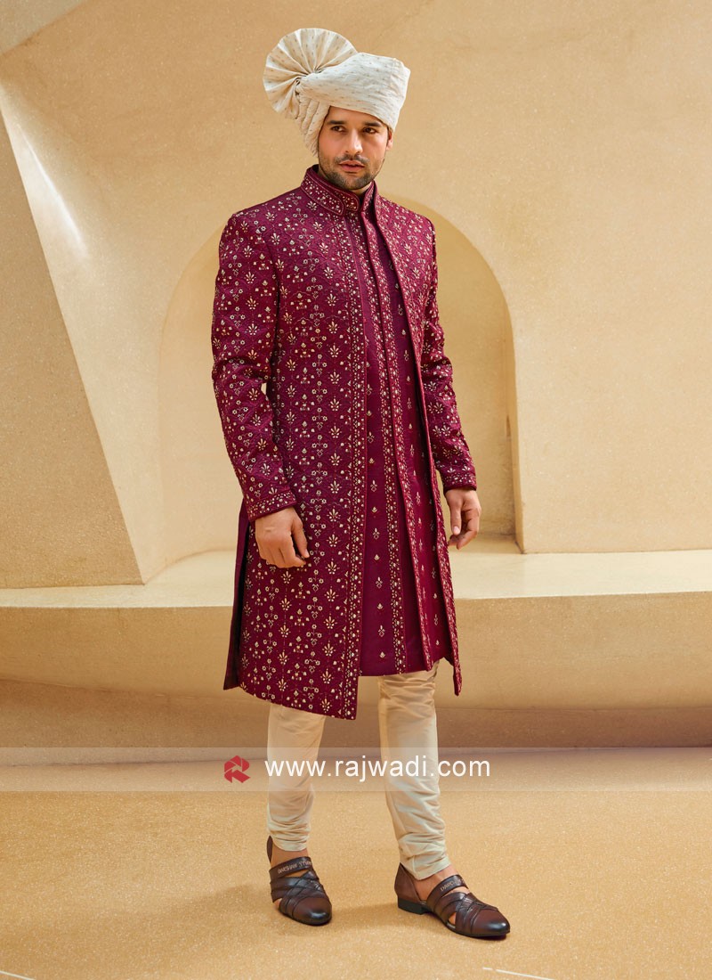 Jacket Style Sherwani In Maroon Color