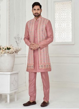 Jacket Style Thread Embroidered Onion Pink Indowestern Set