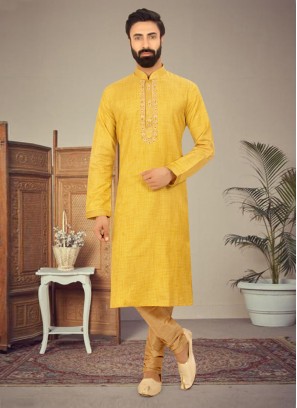 Jacquard Cotton Yellow Kurta Pajama For Men