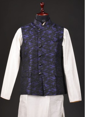 Jacquard Printed Nehru Jacket In Blue Color
