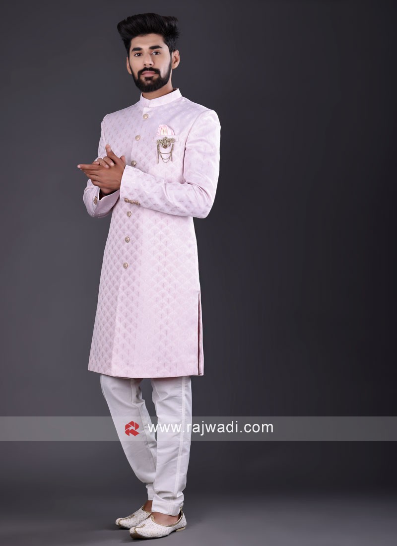 Jacquard Silk Pink Color Indowestern For Mens