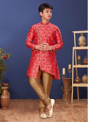 Jacquard Silk Red And Golden Indowestern Set