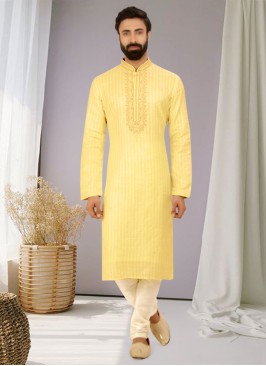Jacquard Silk Yellow Color Kurta Pajama