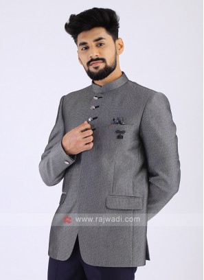 Jute Silk Grey Jodhpuri Suit