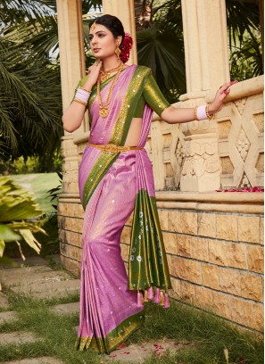 Pink & Green Woven Kanjivaram Silk Festive Saree