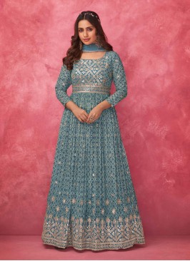 Light Blue Georgette Bandhani Print Embellished Anarkali Suit