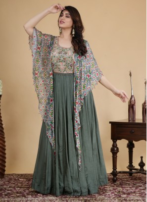 Light Green Satin Silk Kaftan Style Gown