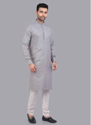 Light Grey Cotton Kurta Pajama For Men