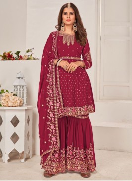 Light Maroon Embroidered Georgette Dress Material