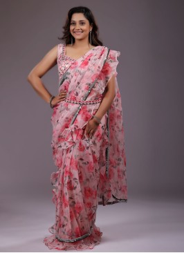 Light Pink Organza Saree Fully Printed In Multi Color Floral