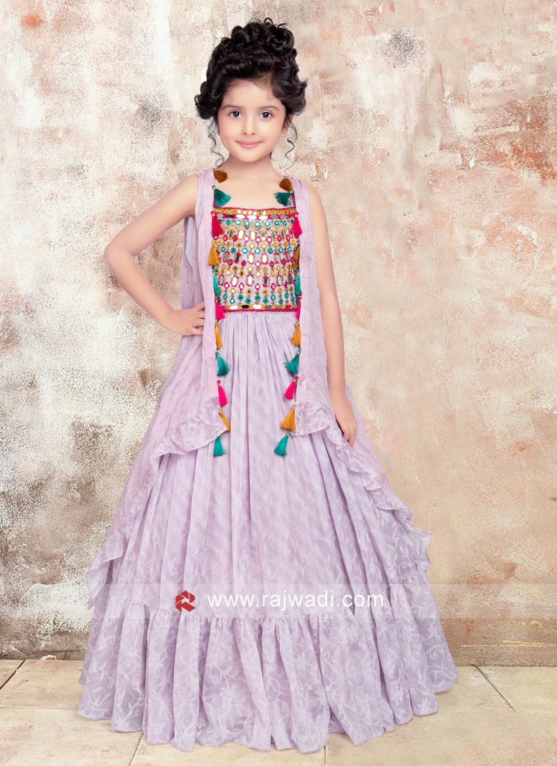 Light Purple Printed Gown With Mirror Embroidery And Jacket