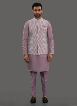 Lilac Lucknowi Work Nehru Jacket Set In Cotton Silk