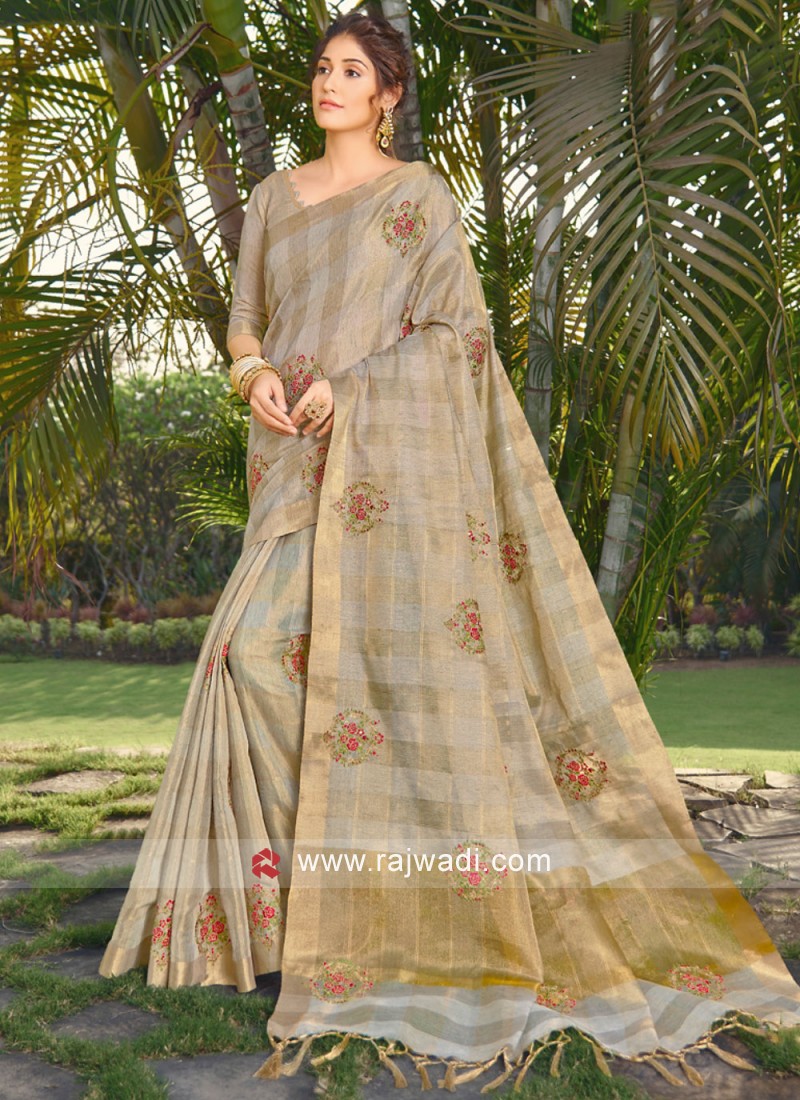 Lovable Beige Embroidered Silk Traditional Designer Saree
