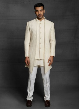 Lucknowi Work Jacket Style Indowestern In Off White