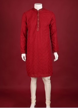 Lucknowi Work Silk Kurta Pajama For Mens