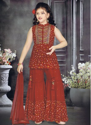 Maroon Chiffon Embroidered Sharara Style Salwar Suit