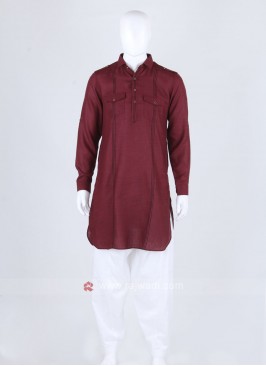 Men Maroon & White Solid Pathani Suit