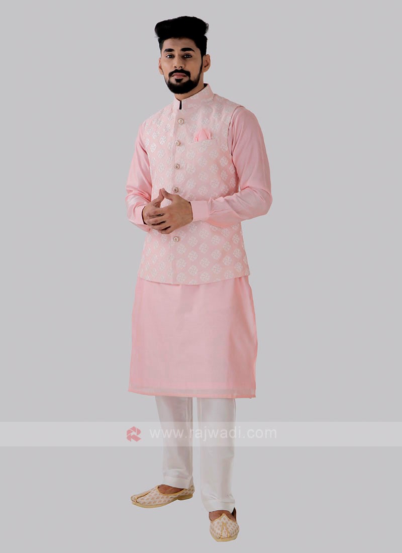 Men's Attractive Light Pink Color Nehru Jacket Suit