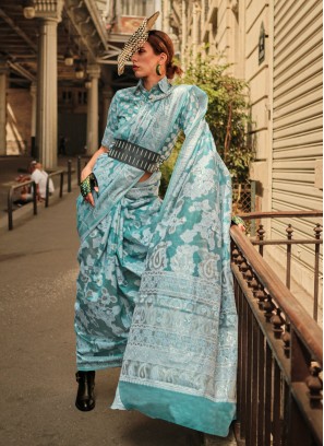 Turquoise Woven Organza Satin Silk Saree