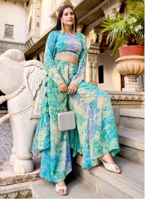 Multi Color Silk Indowestern Palazzo Suit With Jacket
