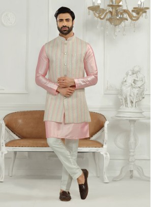 Multi Color Thread Work Nehru Jacket Set For Men