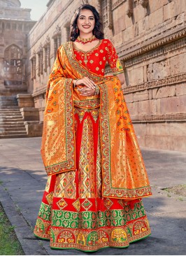 Red Woven Banarasi Silk Lehenga Choli