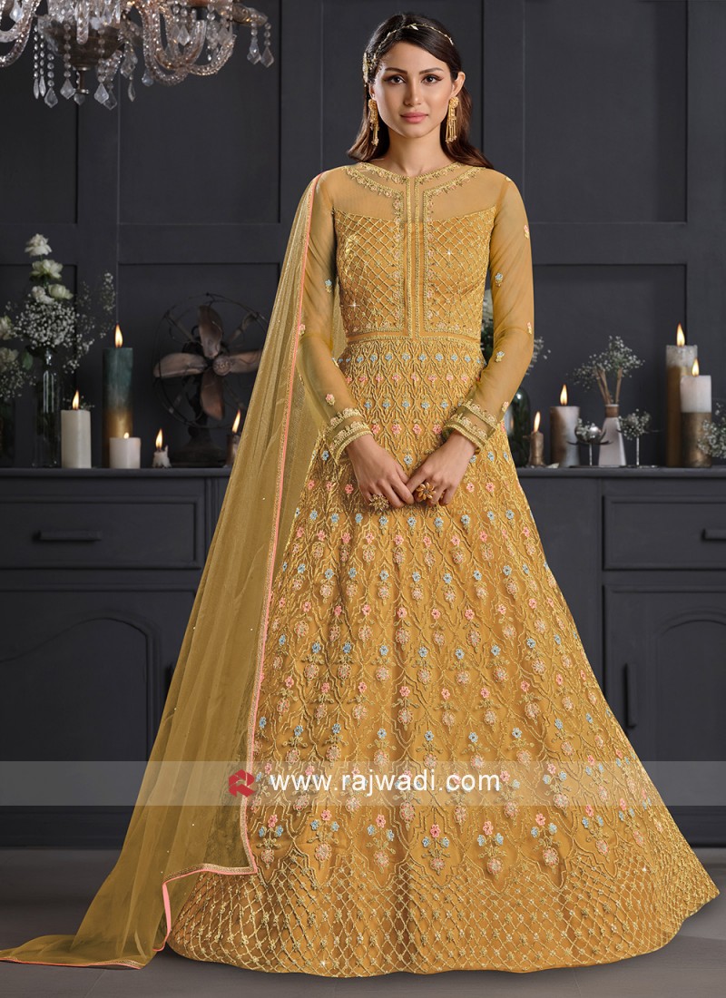 Mustard Embroidered Net Salwar Suit
