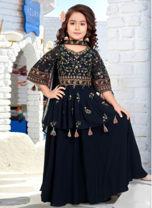 Navy Blue Embroidered Chiffon Palazzo Suit
