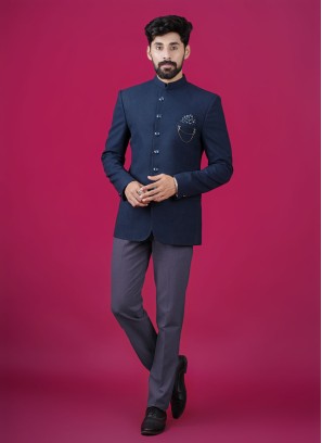 Navy Blue Readymade Jodhpuri Suit