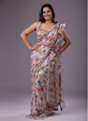 Off White Floral Painted Organza Saree