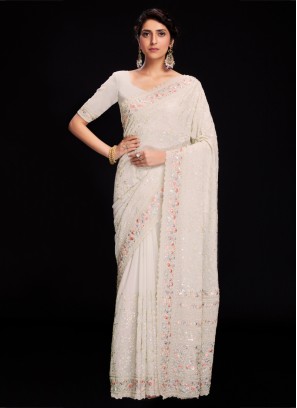 Off White Georgette Lucknowi Embroidered Saree