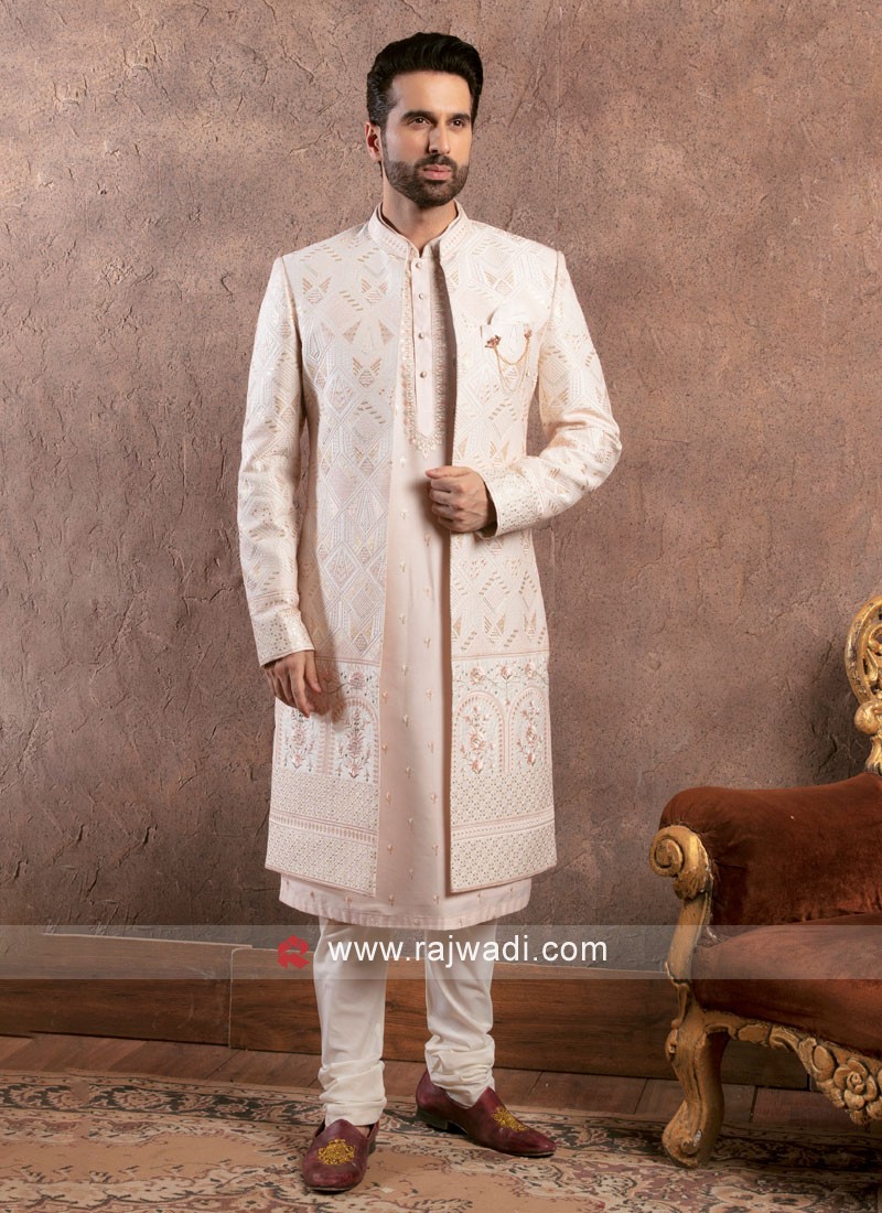 Off White Indowestern With Embroidered Jacket