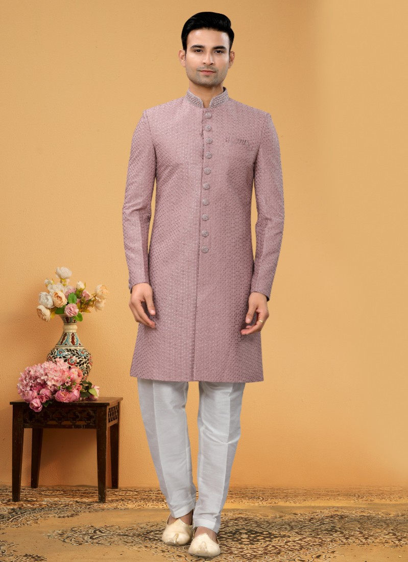 Onion Pink  And Off White Indowestern Set For Men