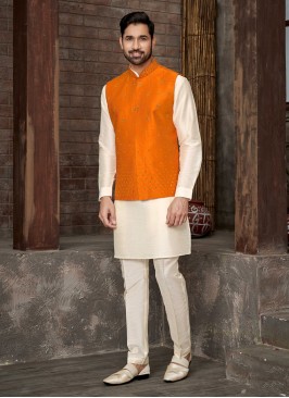 Orange And Cream Readymade Nehru Jacket Set For Men