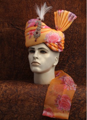 Orange Floral Printed Turban