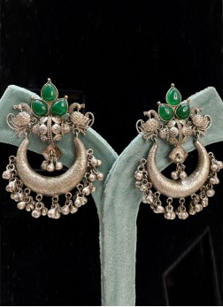 Oxidised Designer Earrings In Silver And Green