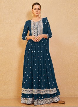 Peacock Blue Embroidered Georgette Palazzo Salwar Suit